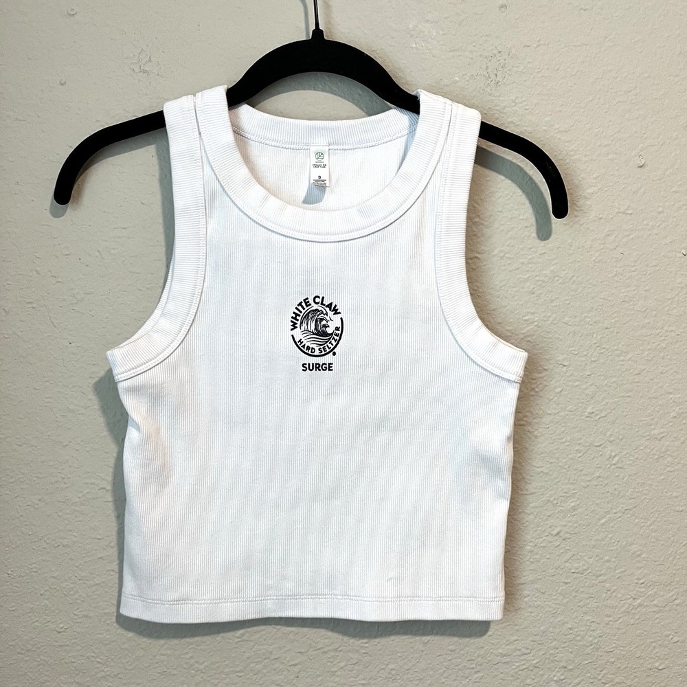 White Claw Surge Women's Cropped Tank Top Small Organic Cotton Rib White Cute